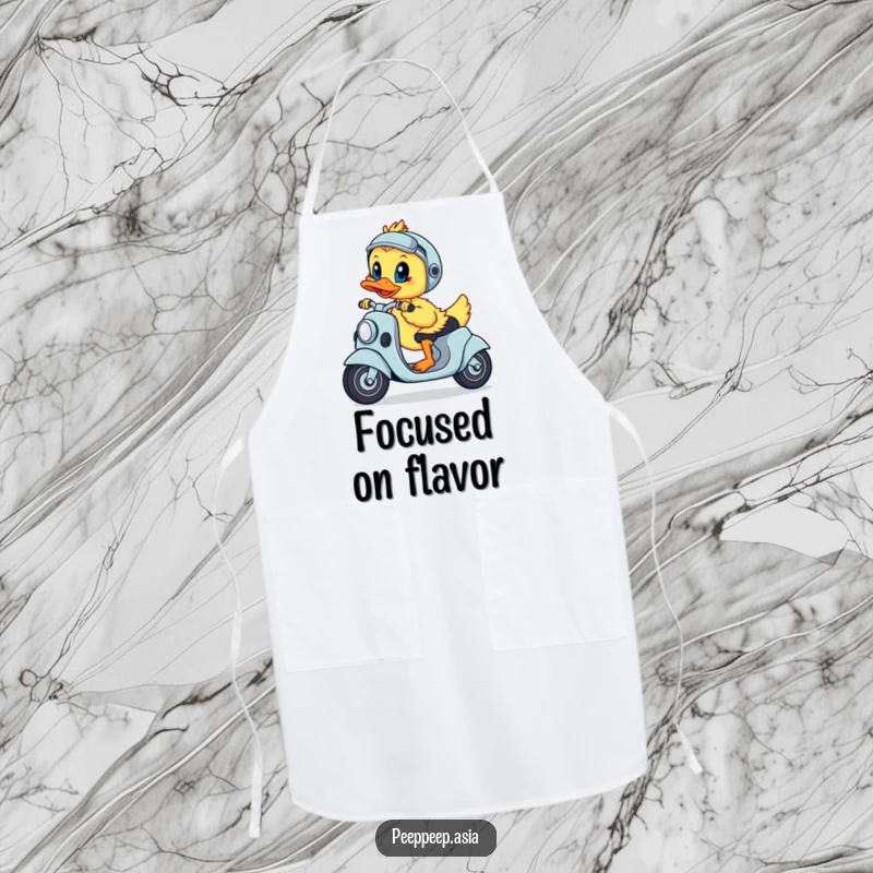 Funny apron with a playful duckling steering a scooter with a determined look, ready for kitchen tasks.
