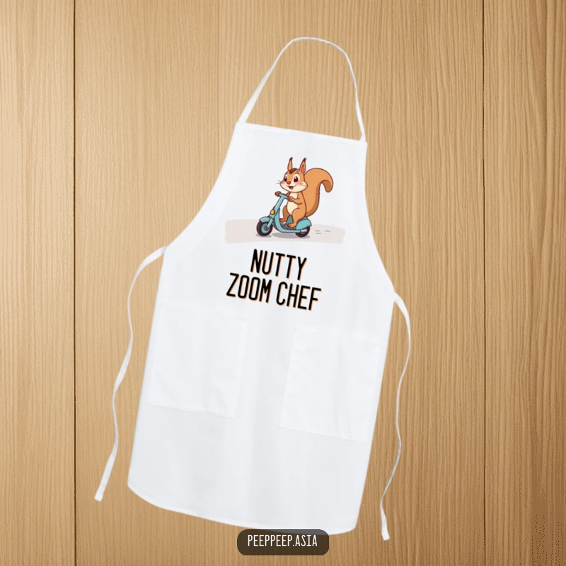 Funny apron with a happy squirrel skillfully riding a scooter on a curved path, ready for kitchen duties.