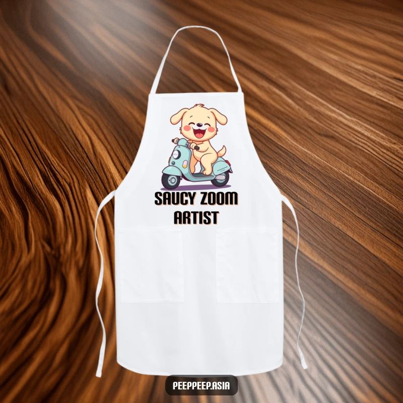 Funny apron with a joyful puppy riding a scooter and barking with glee, ready for culinary adventures.