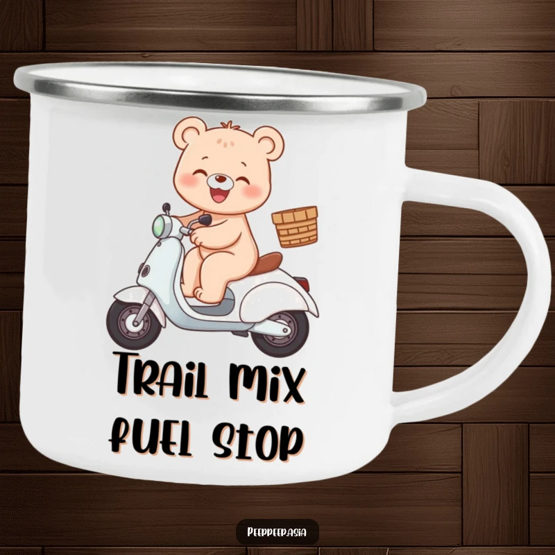 Funny bear scooter camping mug with a gleeful bear character riding a scooter with a basket.