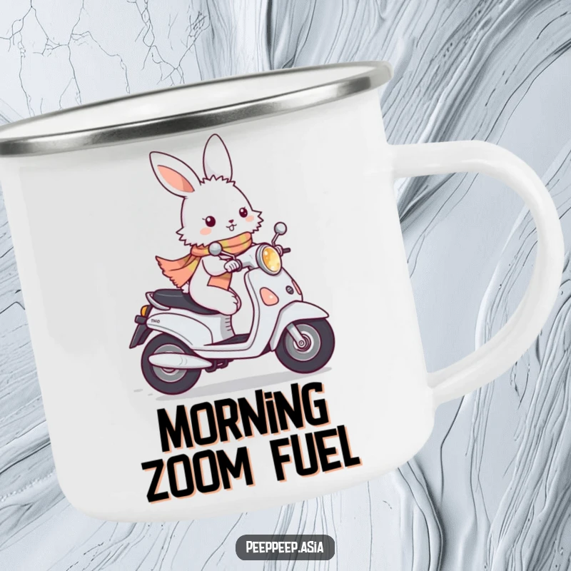 Funny fluffy white bunny wearing a scarf, zipping by on a moped, a humorous camping mug for outdoor adventures.
