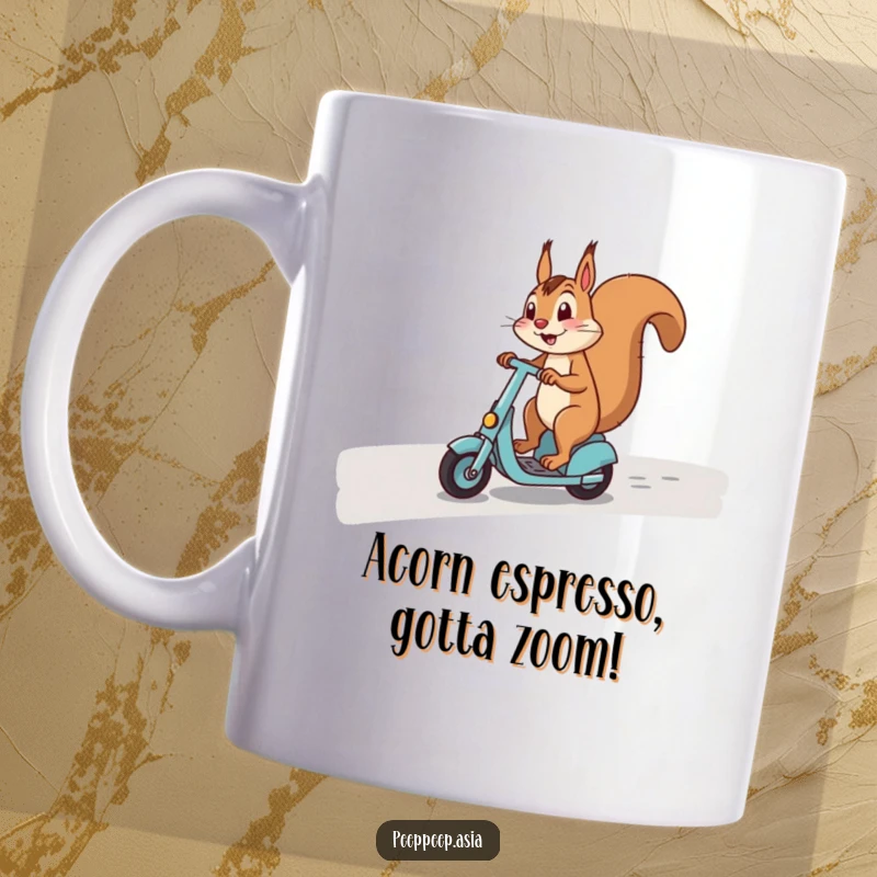 Funny mug featuring a happy squirrel expertly riding a scooter down a winding path, bringing joy and laughter.