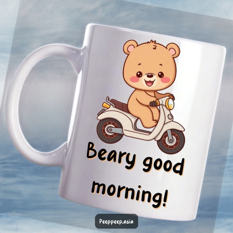 Funny cheerful brown bear cub balancing precariously on a small moped, ceramic coffee mug, cute and humorous.