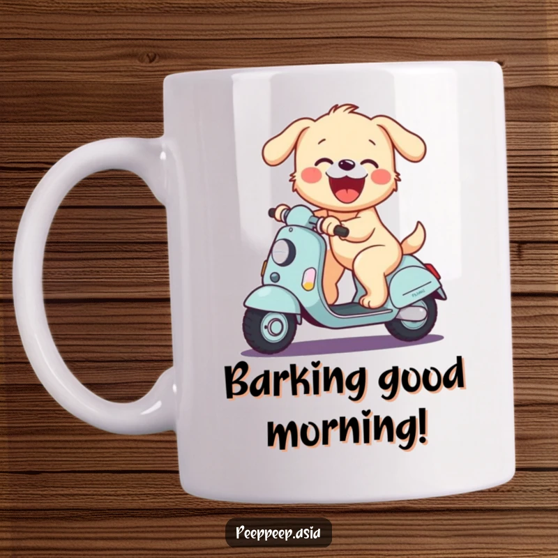 Funny mug featuring a joyful puppy riding a scooter and barking with glee, radiating pure happiness.