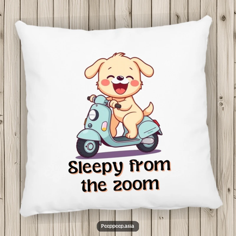 Funny pillow featuring a joyful puppy riding a scooter and barking with glee, adding comfort and charm.