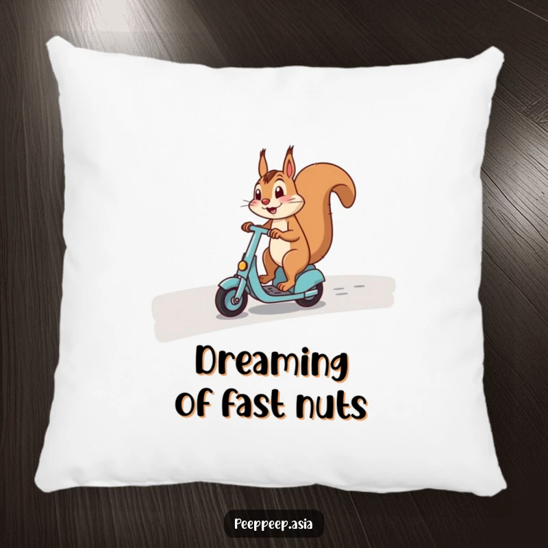 Funny pillow featuring a happy squirrel expertly riding a scooter on a curved path, adding comfort and amusement.