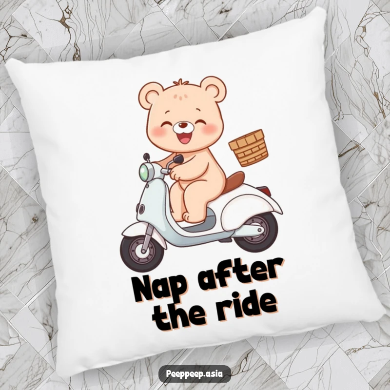 Cozy bear scooter pillow featuring a gleeful bear character riding a scooter with a basket.
