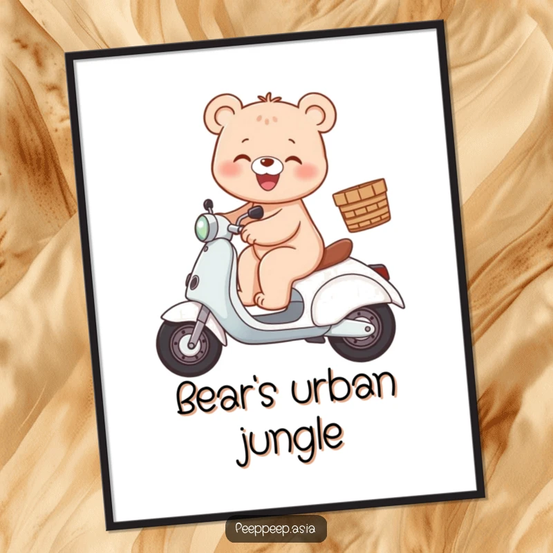 Funny bear scooter digital art print of a gleeful bear character riding a scooter with a basket.