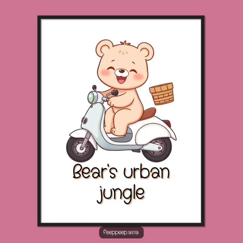Bear Scooter Digital Art Print: Gleeful Rider, Fun Decor Instant Download