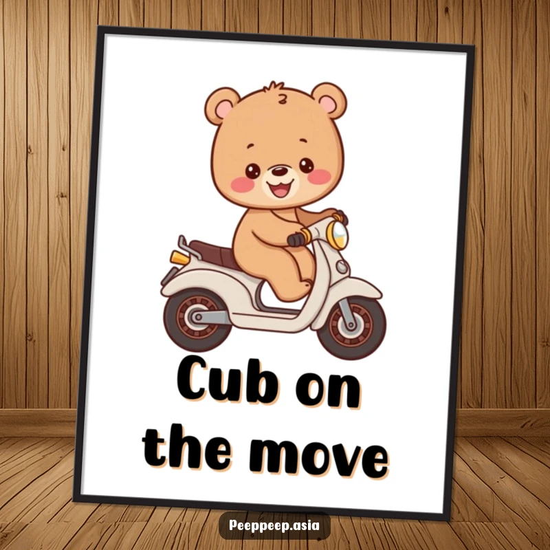 Funny cheerful brown bear cub balancing on a small moped, printable digital art for instant cheerful and humorous decor.