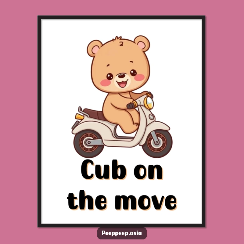 Funny Bear Cub Moped Digital Art: Instant Cheerful Rides for Humorous Decor!