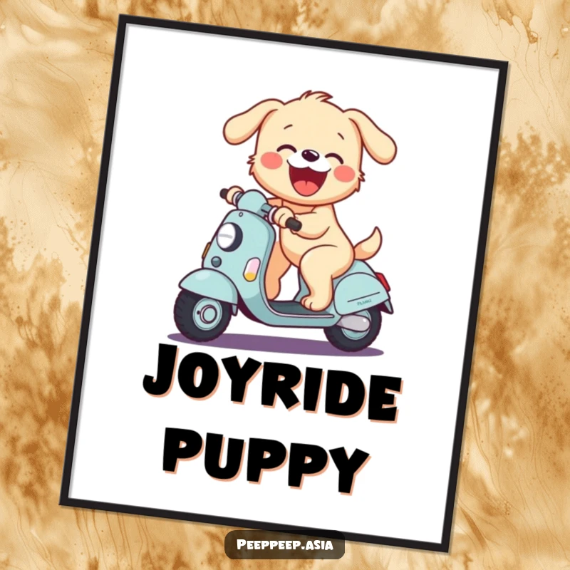 Funny digital art print of a joyful puppy riding a scooter and barking with glee, ready to brighten any room.
