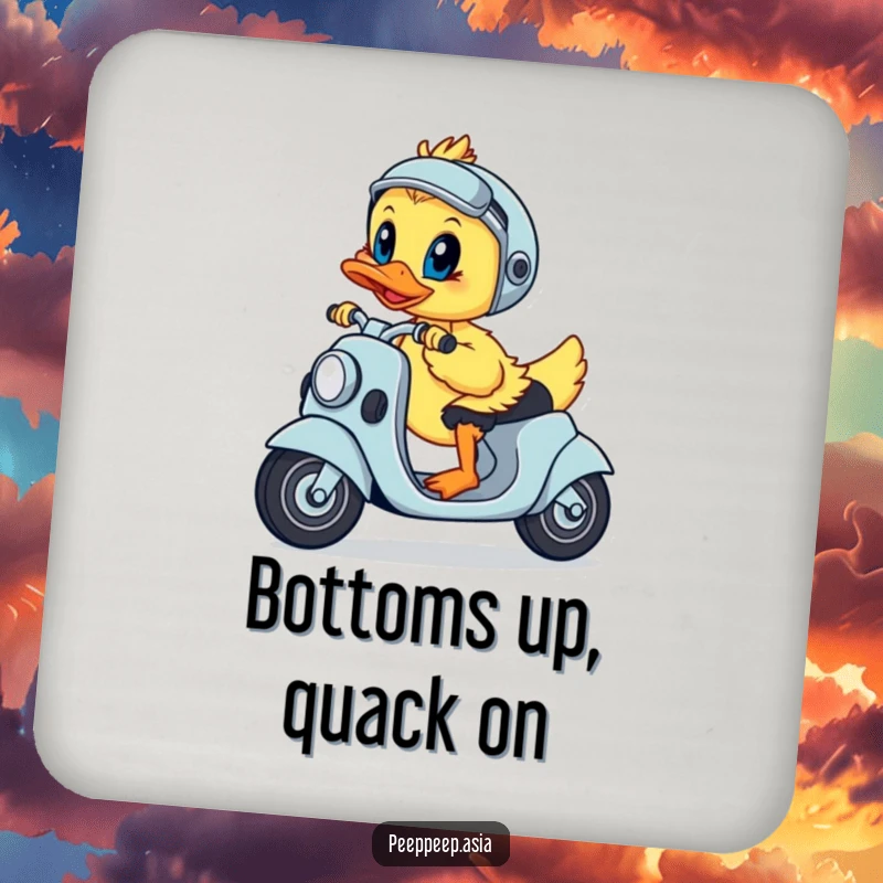 Funny drink coasters featuring a playful duckling steering a scooter with a determined look, protecting surfaces effectively.
