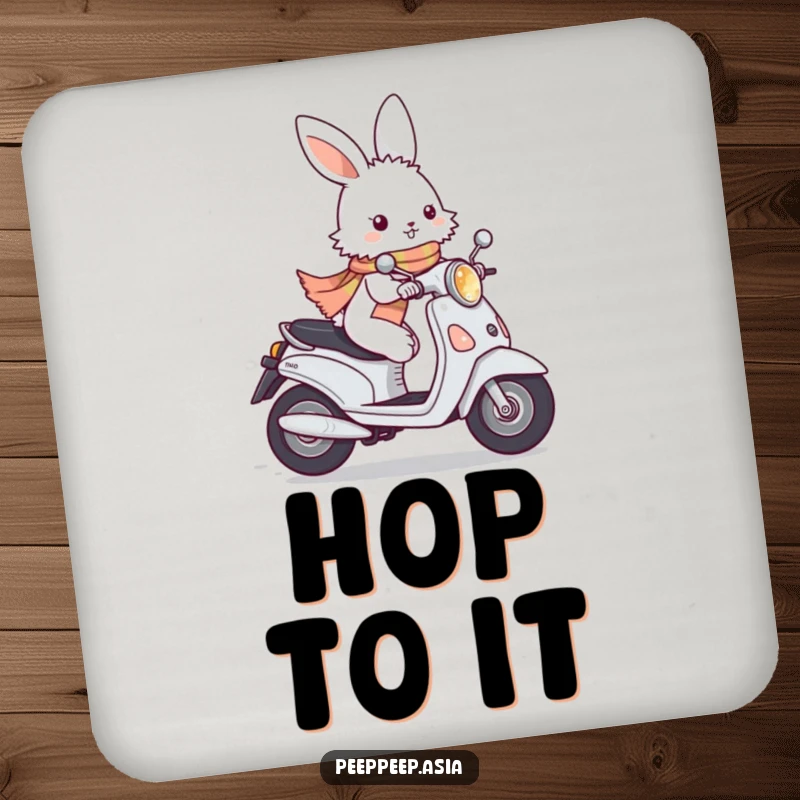 Funny fluffy white bunny wearing a scarf, zipping by on a moped, decorative drink coasters with a cute and humorous design.