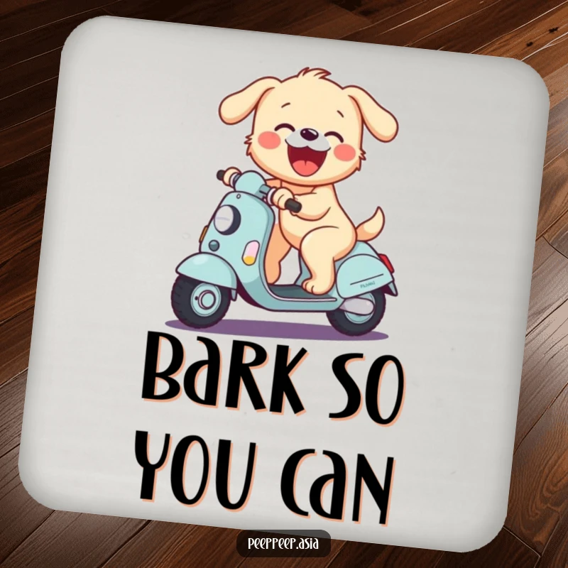 Funny drink coasters featuring a joyful puppy riding a scooter and barking with glee, protecting surfaces with cuteness.