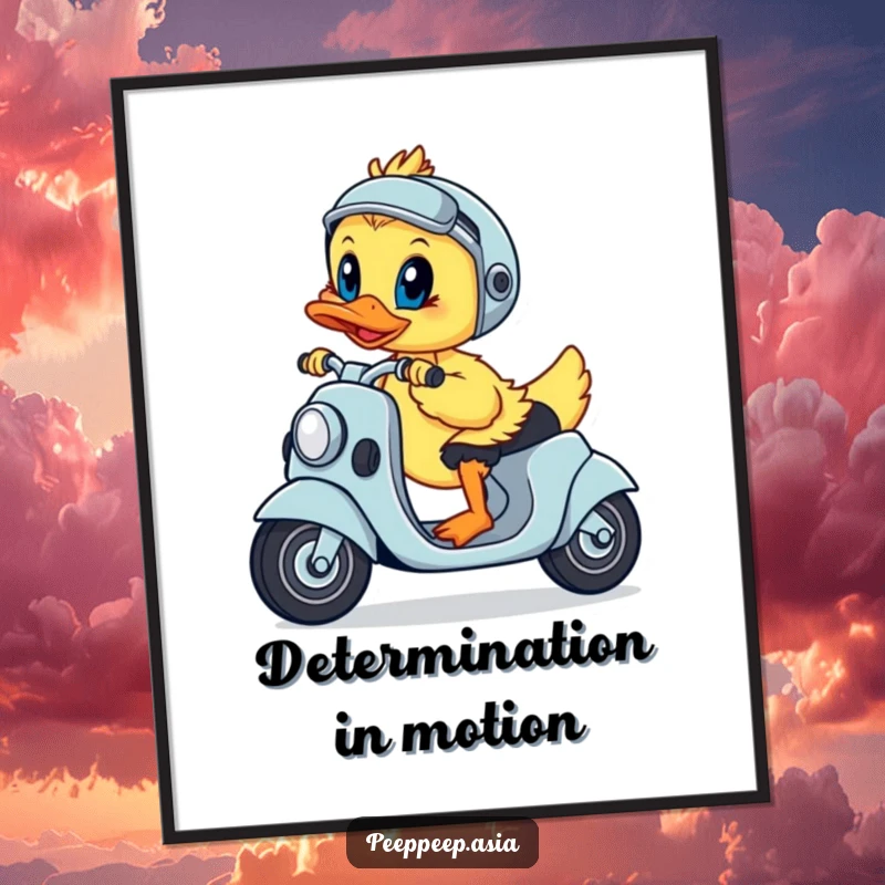 Funny poster of a playful duckling steering a scooter with a determined look, a symbol of focused fun.