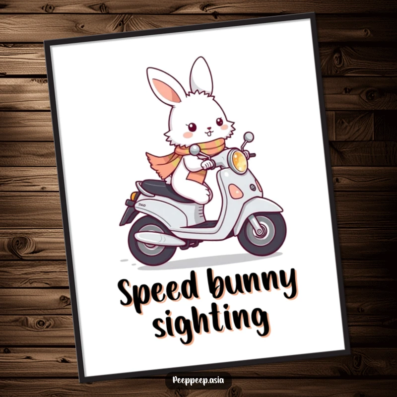 Funny fluffy white bunny wearing a scarf, zipping by on a moped, a charming and humorous poster for wall art.
