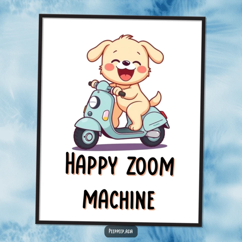 Funny poster of a joyful puppy riding a scooter and barking with glee, a delightful piece of wall art.