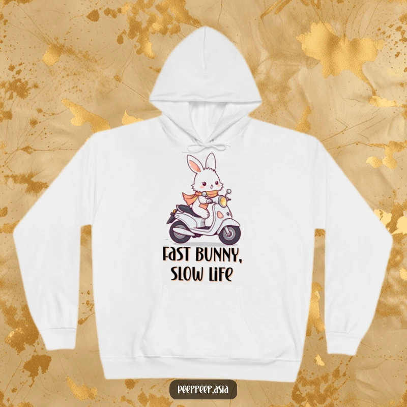 Funny fluffy white bunny wearing a scarf, zipping by on a moped, printed on a plush hoodie for warm, humorous comfort.