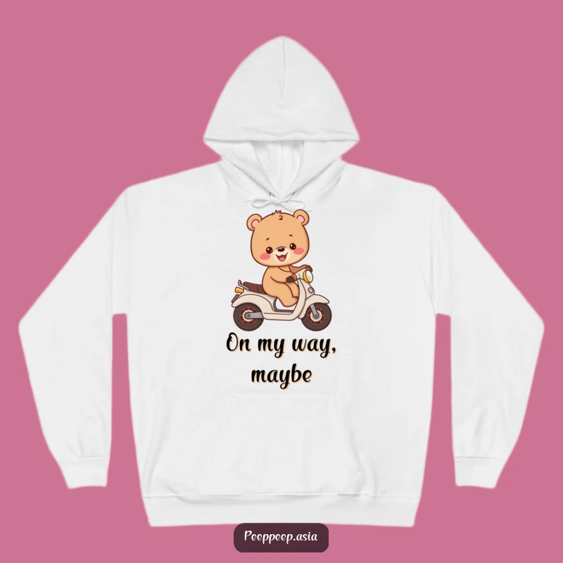 Cozy Funny Bear Cub Moped Hoodie: Warm Rides and Humorous Adventures!