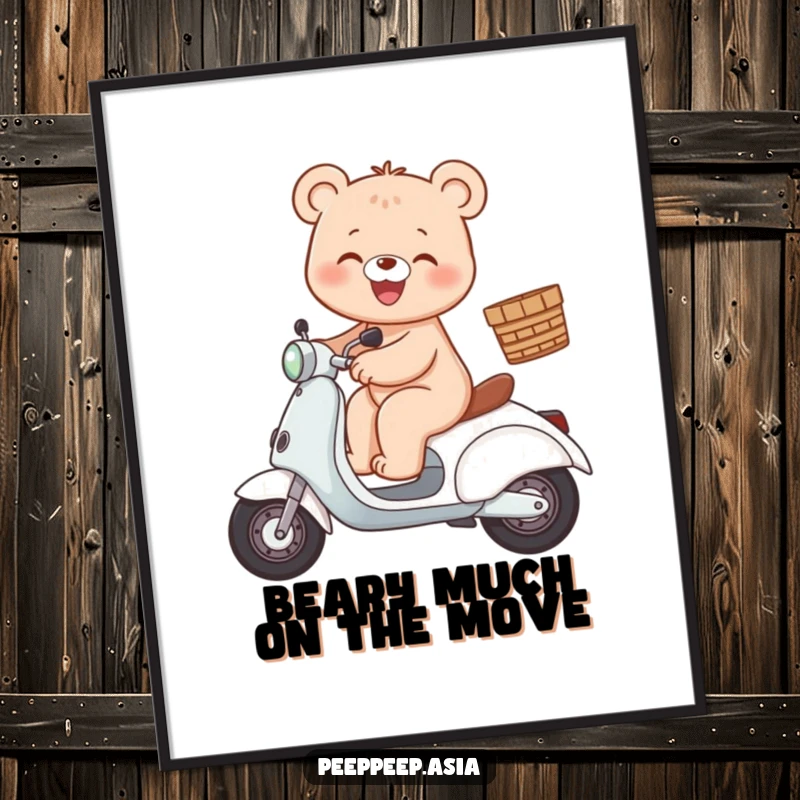 Free Printable Wall Art: A little bear gleefully rides a scooter with a basket, bringing fun decor.