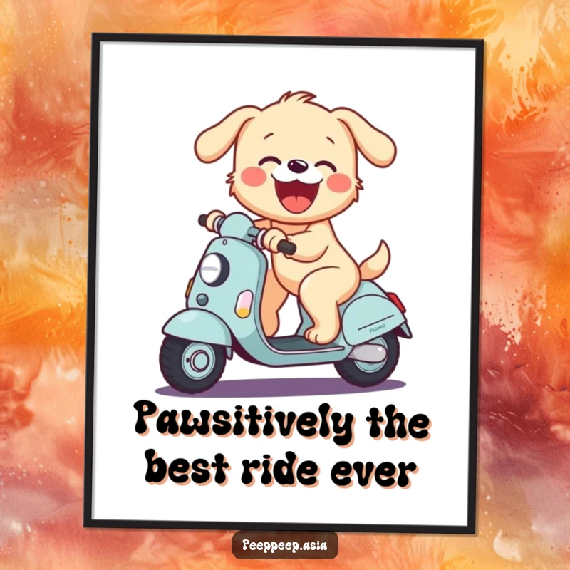 Funny Free Printable Wall Art: A happy puppy joyfully rides a scooter, barking with excitement, adding vibrant energy to your space.