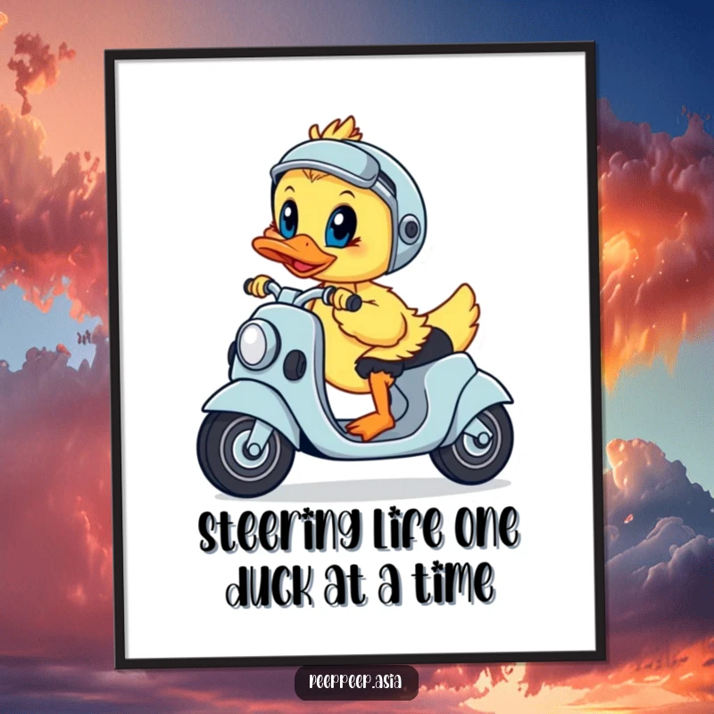Funny Free Printable Wall Art: A playful duckling intently steers a scooter, showcasing focus and a sense of adventure on the open path.