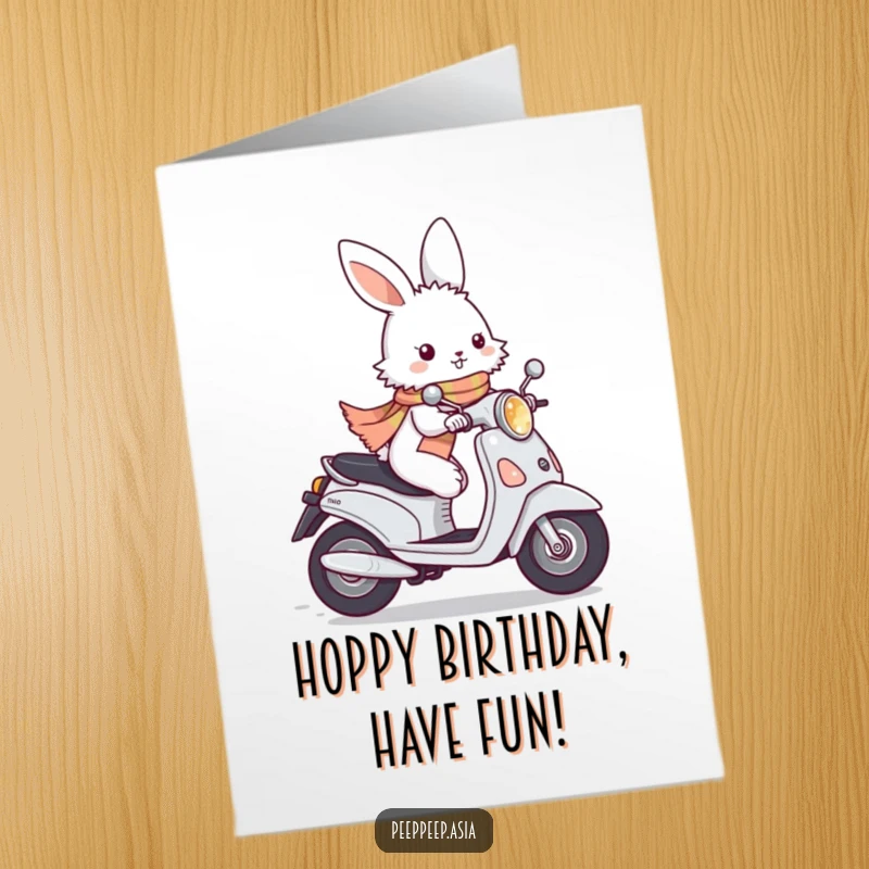 Funny Free Printable Birthday Card: A fluffy white bunny with a scarf zips by on a moped, a fast and fun downloadable gift.