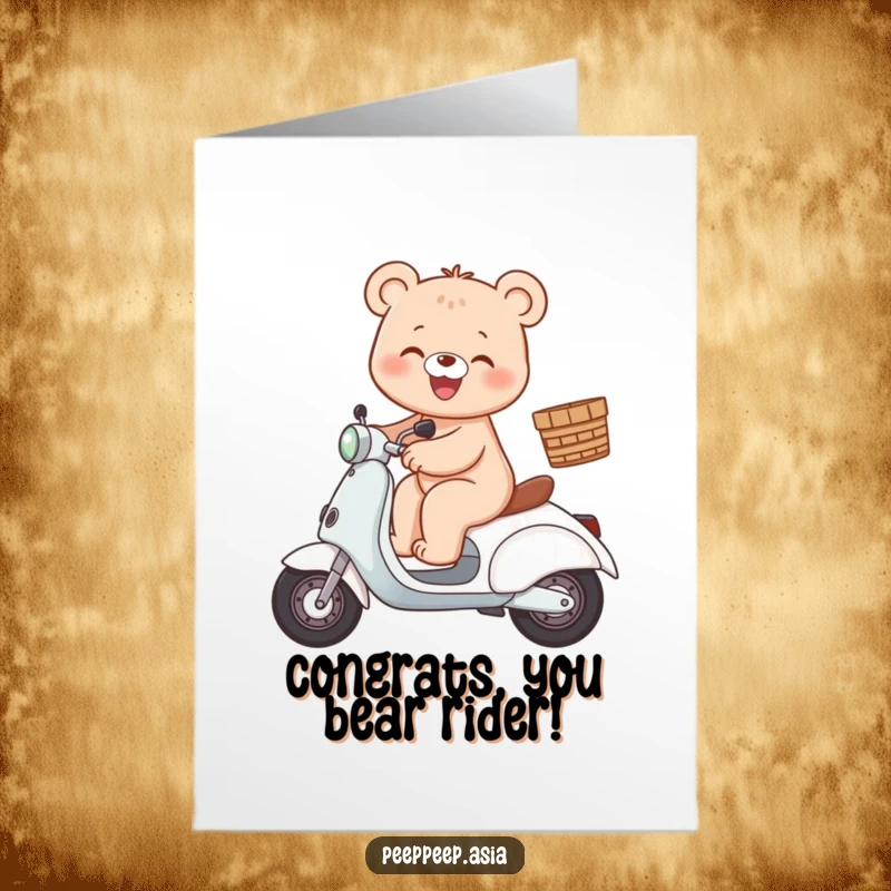 Free Printable Congratulations Card: A little bear gleefully rides a scooter, celebrating achievements.