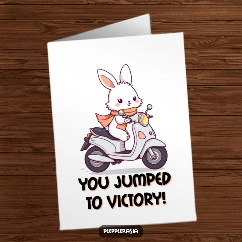 Funny Free Printable Congrats Card: A fluffy white bunny wearing a scarf zips by on a moped, a speedy downloadable gift.