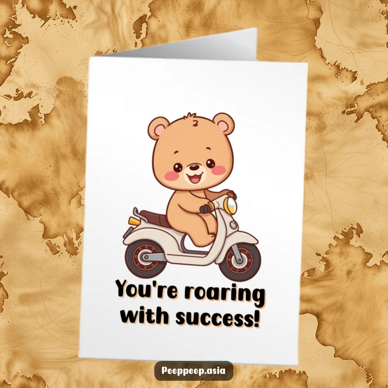 Funny Free Printable Congrats Card: A cheerful brown bear cub balancing on a small moped, a playful downloadable gift.