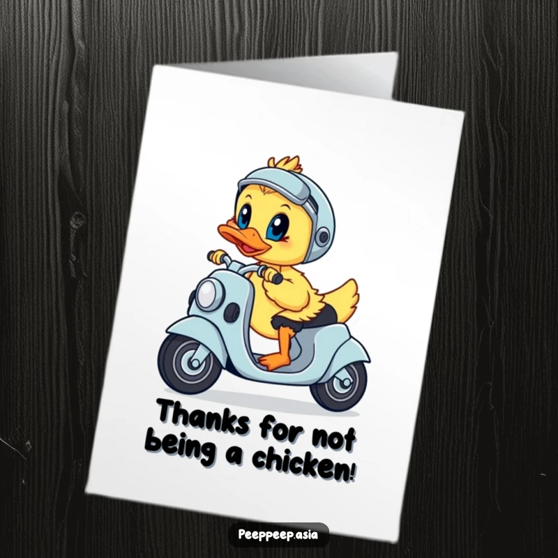 Free Printable Thank You Card: A duckling with a determined expression steers a scooter, on a mission to deliver heartfelt thanks.
