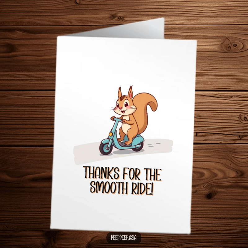 Free Printable Thank You Card: A happy squirrel zooms on a scooter, delivering thanks with a cheerful, grateful expression.