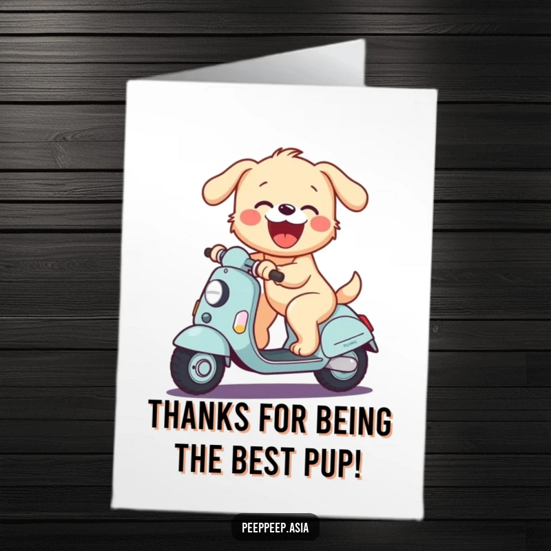Free Printable Thank You Card: A joyful puppy speeds on a scooter, barking happily to express sincere thanks in a fun way.