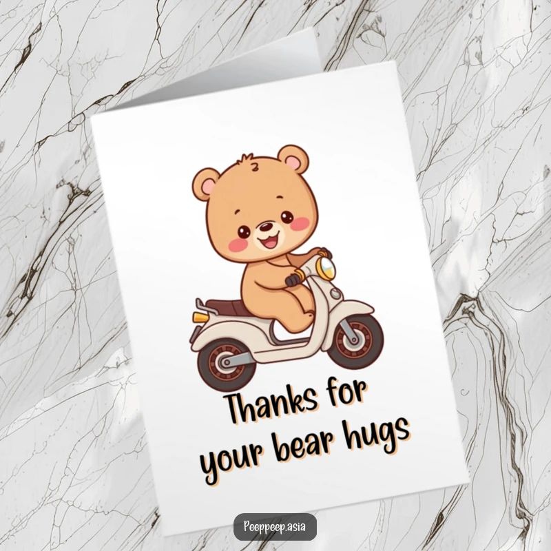 Funny Free Printable Thank You Card: A cheerful brown bear cub balancing on a small moped, a sweet downloadable gift.