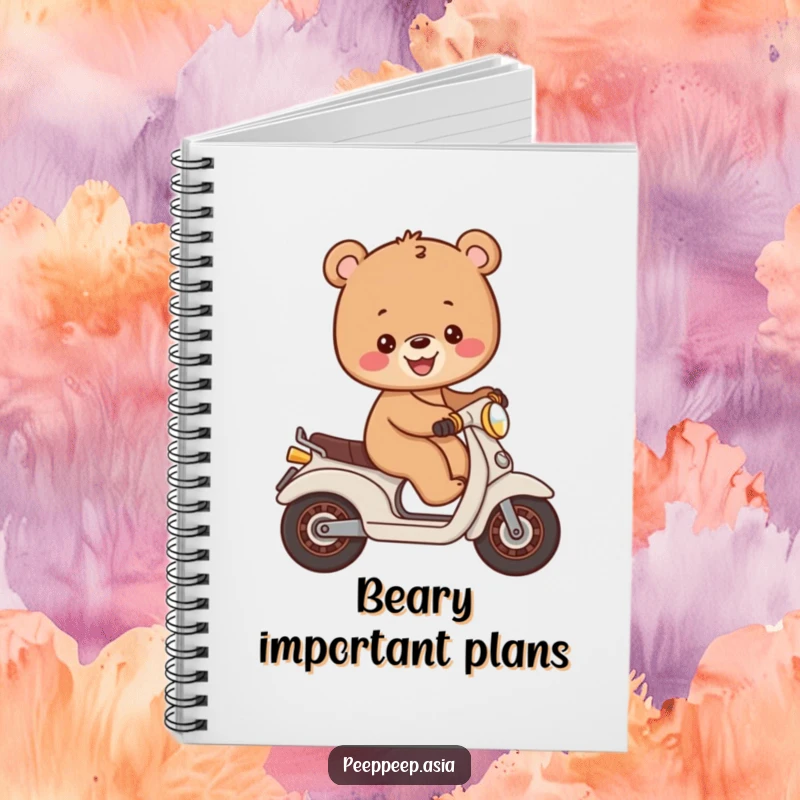 Funny cheerful brown bear cub balancing on a small moped, inside a humorous notebook for writing and planning adventures.