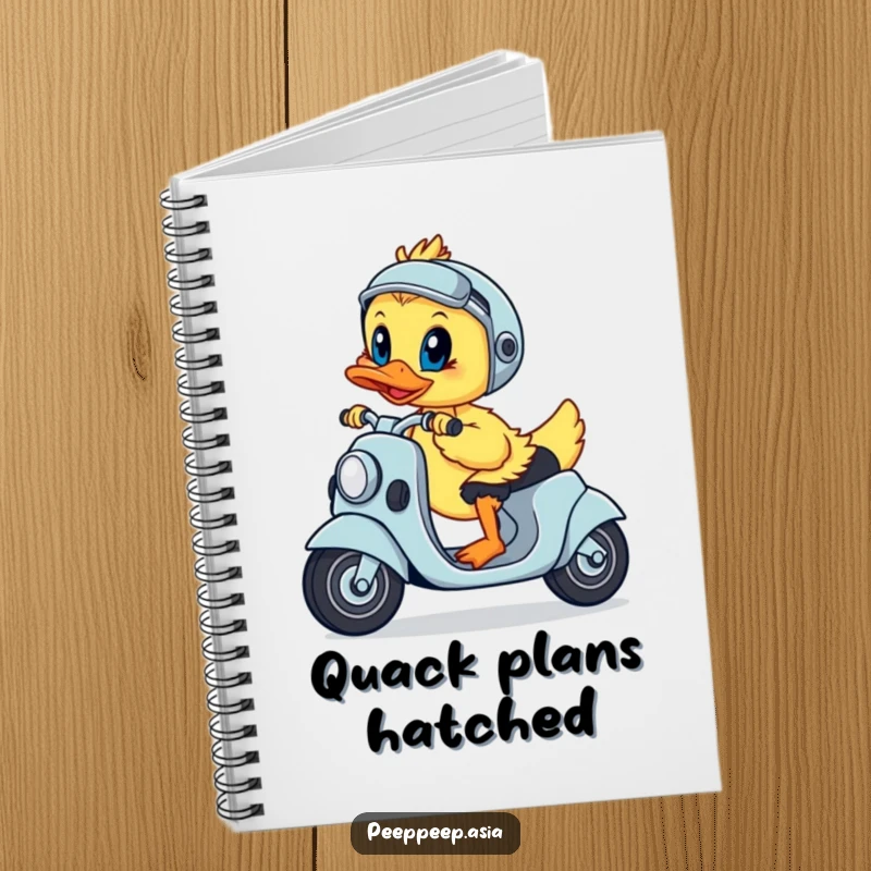 Funny notebook featuring a playful duckling steering a scooter with a determined look, perfect for note-taking.