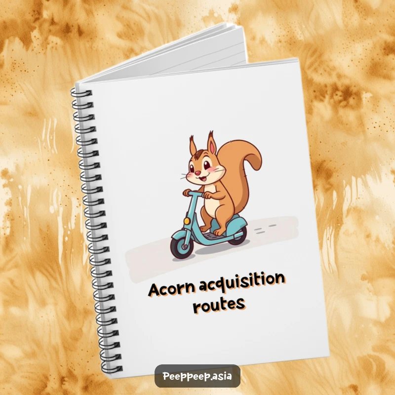 Funny notebook featuring a happy squirrel expert at riding a scooter on a curved path, ideal for note-taking.