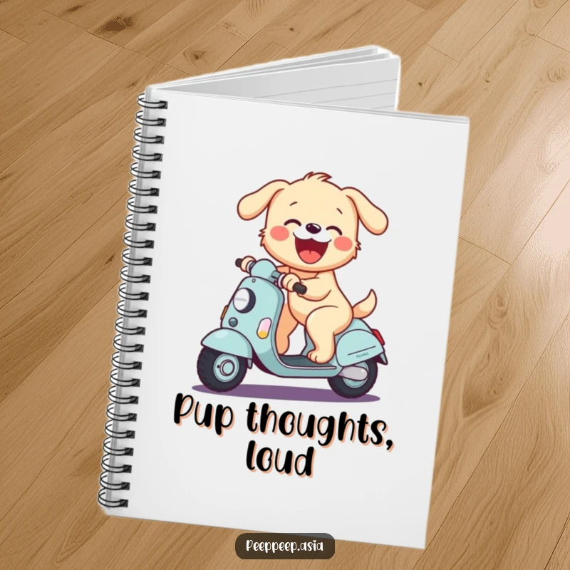 Funny notebook featuring a joyful puppy riding a scooter and barking with glee, excellent for note-taking.