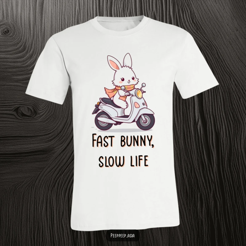 Funny fluffy white bunny wearing a scarf, zipping by on a moped, printed on a fun t-shirt for speedy humor.