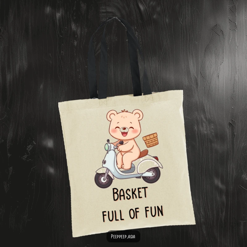 Funny bear scooter tote bag showcasing a gleeful bear character riding a scooter with a basket.
