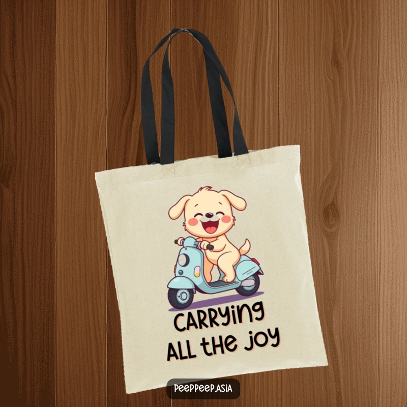 Funny tote bag featuring a joyful puppy riding a scooter and barking with glee, ready for adventures.