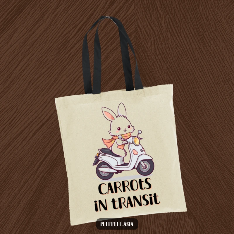 Funny fluffy white bunny wearing a scarf, zipping by on a moped, a cute and humorous tote bag for everyday use.