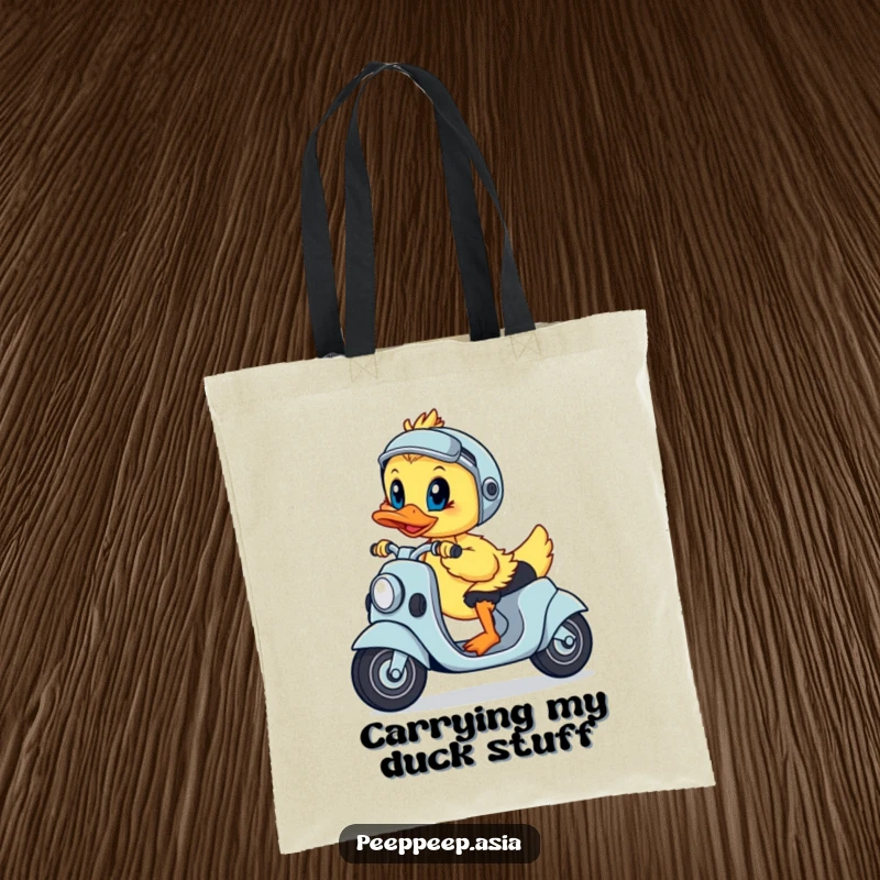 Funny tote bag with a playful duckling steering a scooter with a determined look, ideal for errands.
