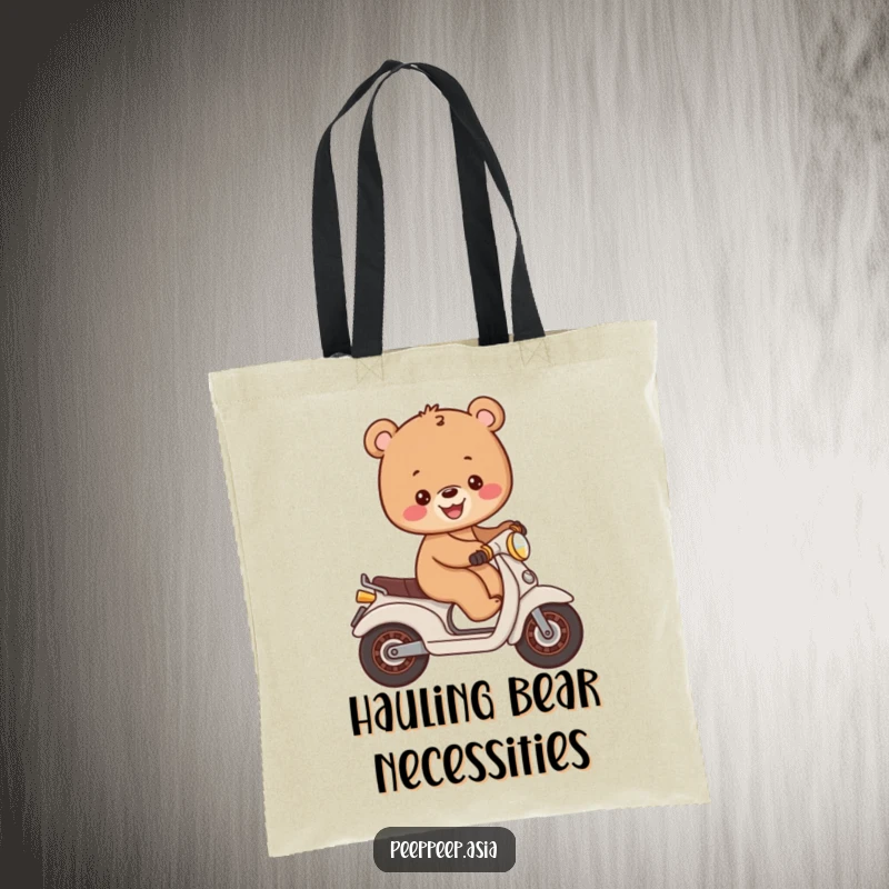 Funny cheerful brown bear cub balancing on a small moped, a cute and humorous tote bag for everyday use.